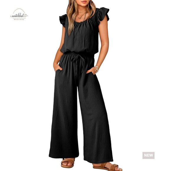 Summer Jumpsuit with Ruffle Sleeves Square Neck Drawstring Waist Pockets